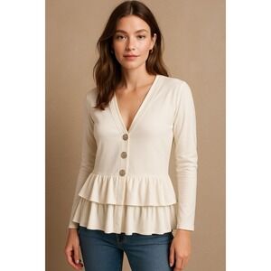 Sundance Womens Cream Ruffle Peplum Cardigan Top M Boho Romantic Casual Softcore